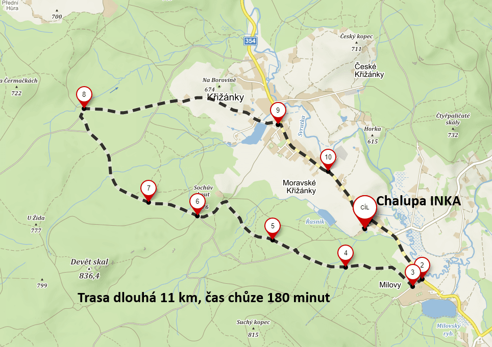 Trasa Moravská strana Křižánek 11 km, 180 minut